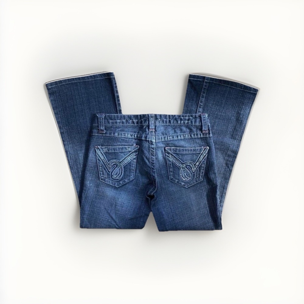 Vintage BEBE Y2K Rhinestone Flare Jeans Dark Wash Denim Blue Size 31x29 USA